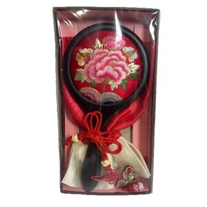 Embroidery Hand Mirror With Peony Pattern New,  Red